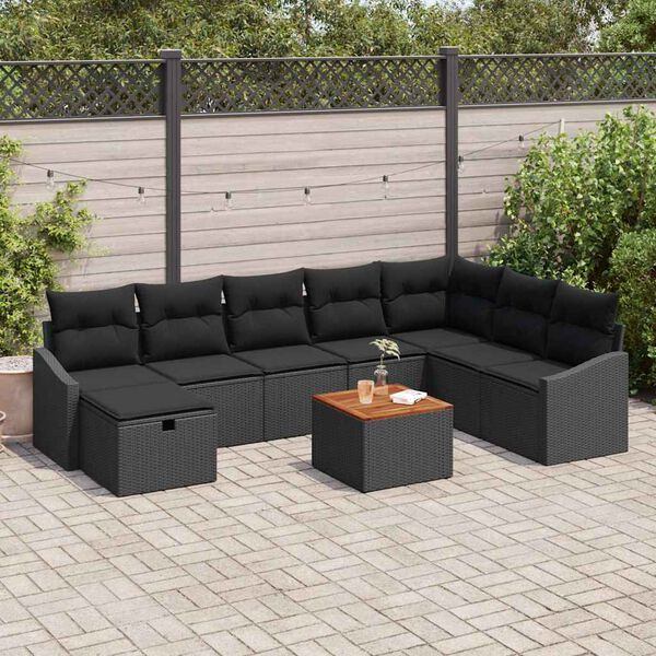 vidaXL Garden Sofa Set with Cushion 9 pcs Black Poly Rattan
