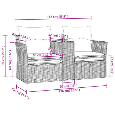 vidaXL Garden Sofa 2-Seater with Stools Grey Poly Rattan