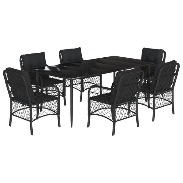 vidaXL 7 Piece Garden Dining Set with Cushions Black Poly Rattan