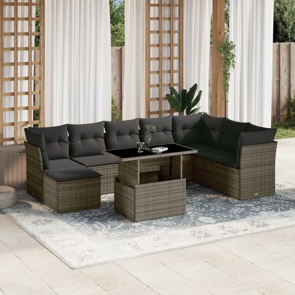 vidaXL 9 Piece Garden Sofa Set with Cushions Grey Poly Rattan
