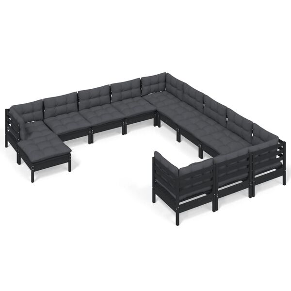 vidaXL 12 Piece Garden Lounge Set with Cushions Black Pinewood