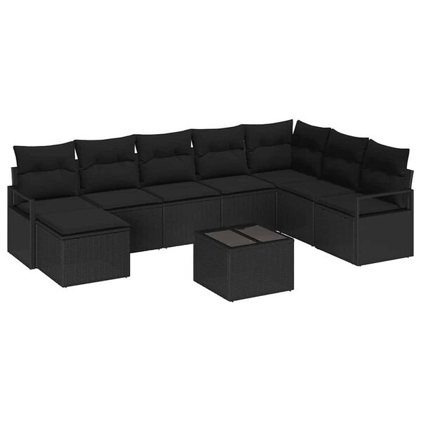 vidaXL Sofa Set with Cushion with Storage 9 pcs Black Poly Rattan