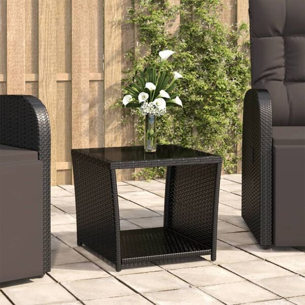 vidaXL Tea Table with Glass Top Black Poly Rattan&Tempered Glass