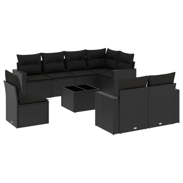 vidaXL 9 Piece Garden Sofa Set with Cushions Black Poly Rattan