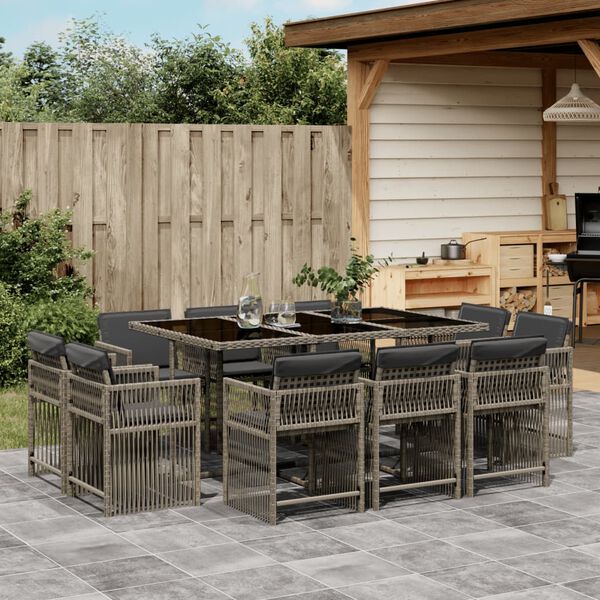 vidaXL 11 Piece Garden Dining Set with Cushions Grey Poly Rattan