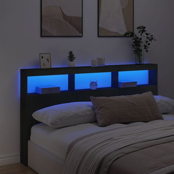 vidaXL Headboard Cabinet with LED Black 180x17x102 cm