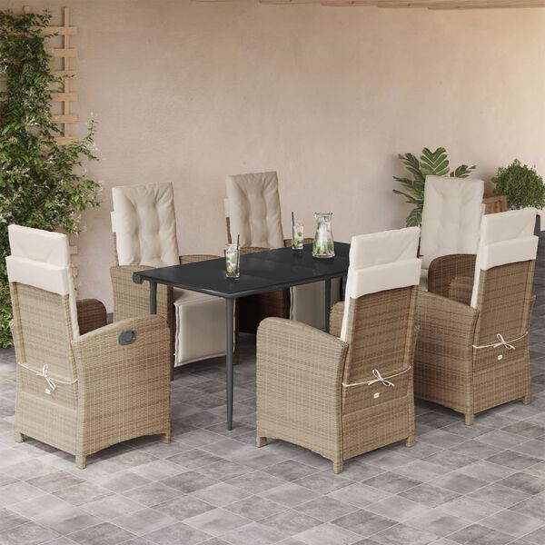 vidaXL 7 Piece Garden Dining Set with Cushions Beige Poly Rattan