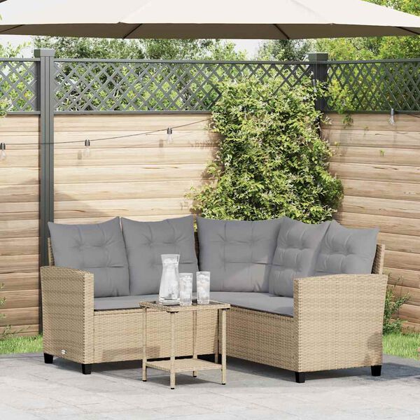 vidaXL Garden Sofa with Table&Cushions L-shaped Beige Poly Rattan
