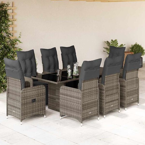 vidaXL 9 Piece Garden Bistro Set with Cushions Grey Poly Rattan