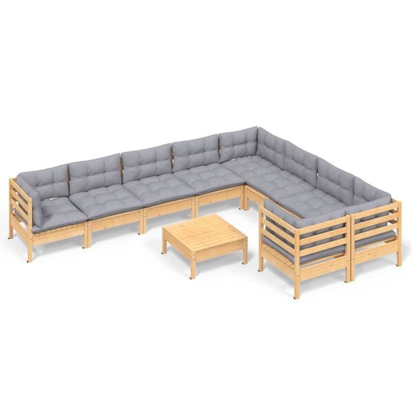 vidaXL 10 Piece Garden Lounge Set with Grey Cushions Pinewood