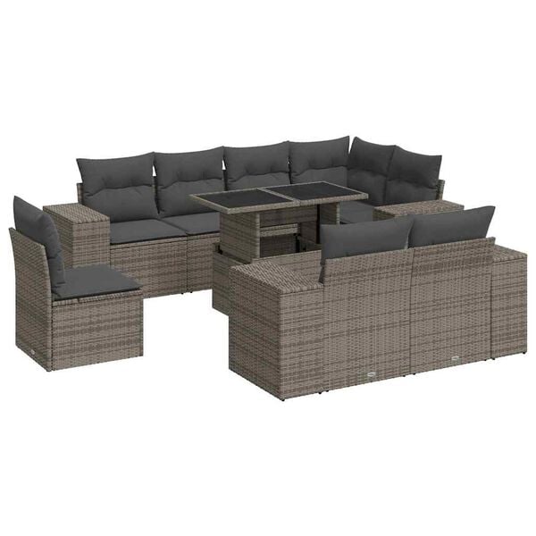 vidaXL 9 Piece Garden Sofa Set with Cushions Grey Poly Rattan