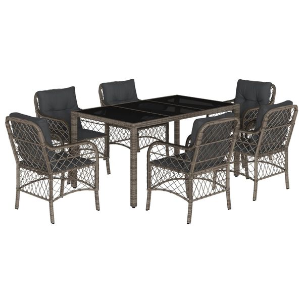 vidaXL 7 Piece Garden Dining Set with Cushions Grey Poly Rattan
