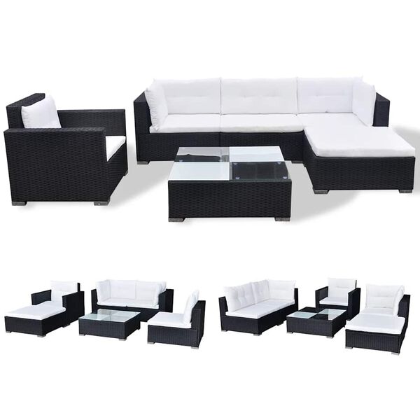 vidaXL 6 Piece Garden Lounge Set with Cushions Poly Rattan Black