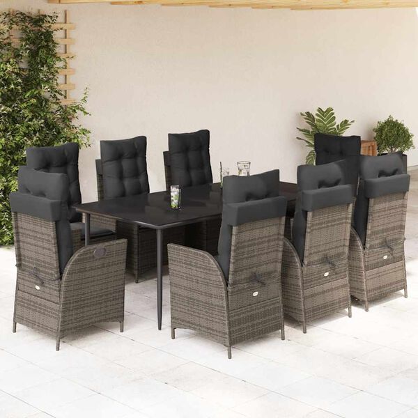 vidaXL 9 Piece Garden Dining Set with Cushions Grey Poly Rattan