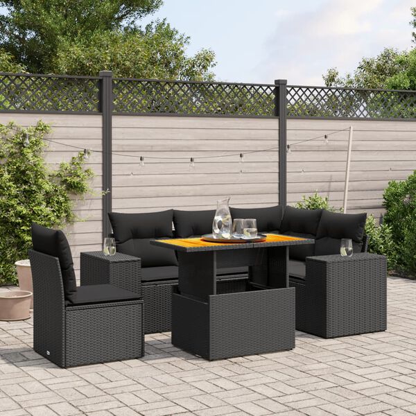 vidaXL 6 Piece Garden Sofa Set with Cushions Black Poly Rattan