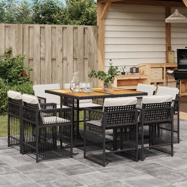 vidaXL 9 Piece Garden Dining Set with Cushions Black Poly Rattan