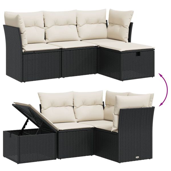 vidaXL 4 Piece Garden Sofa Set with Cushions Black Poly Rattan
