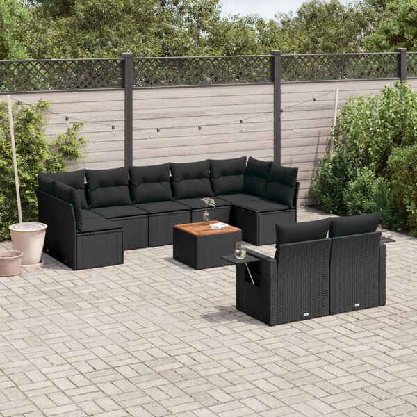 vidaXL 10 Piece Garden Sofa Set with Cushions Black Poly Rattan