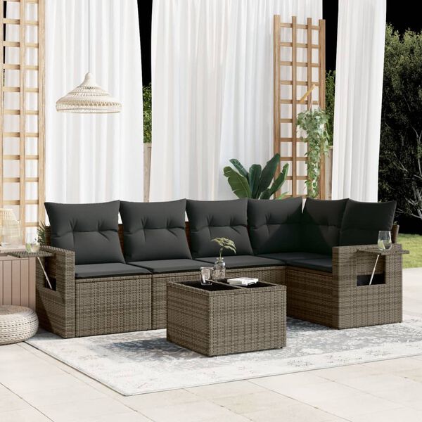 vidaXL 6 Piece Garden Sofa Set with Cushions Grey Poly Rattan