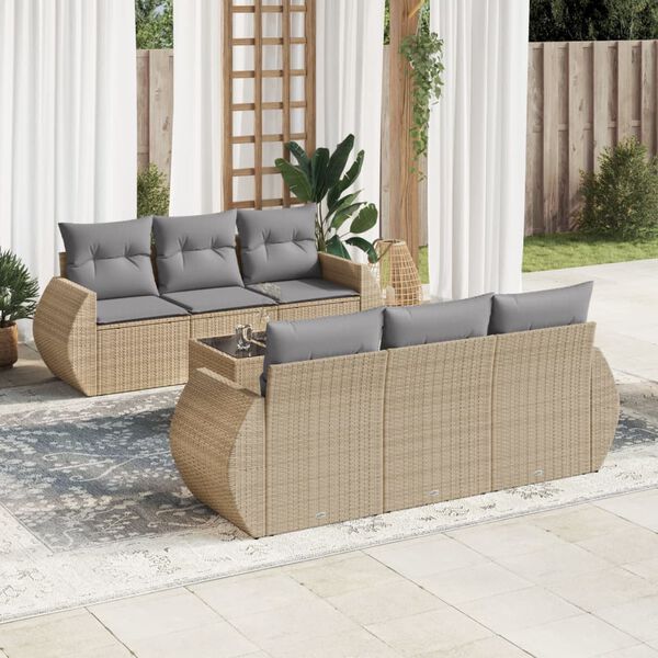 vidaXL 7 Piece Garden Sofa Set with Cushions Beige Poly Rattan