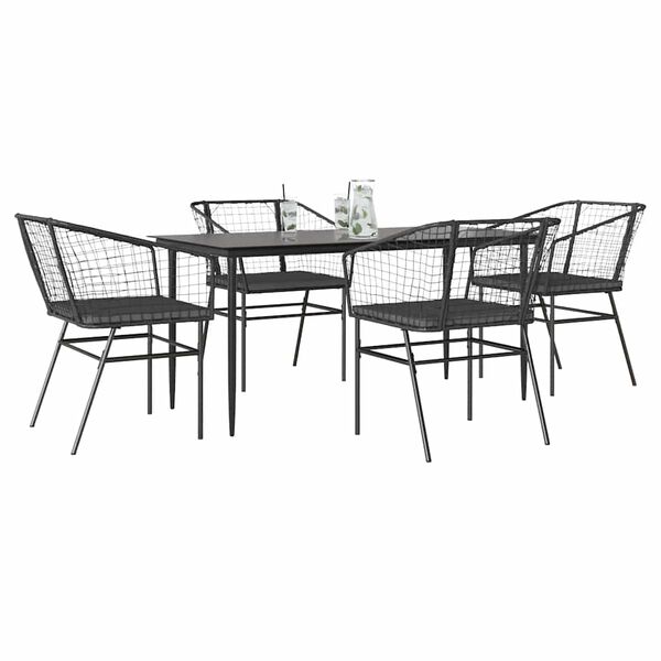 vidaXL 5 Piece Garden Dining Set with Cushions Black Poly Rattan Glass