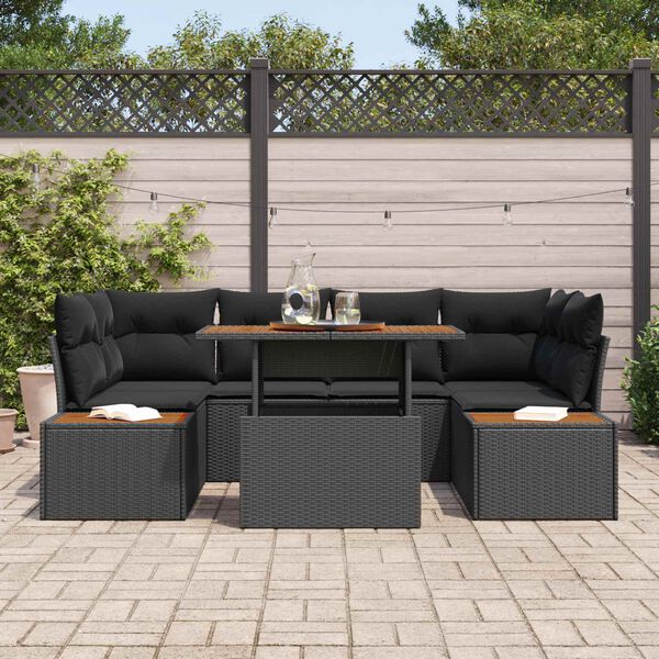 vidaXL Garden Sofa Set with Storage 7 pcs Black Poly rattan