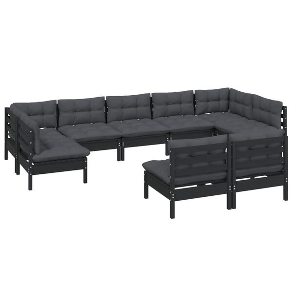 vidaXL 9 Piece Garden Lounge Set with Cushions Black Solid Pinewood
