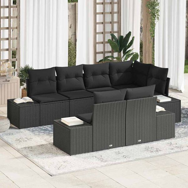 vidaXL Garden Sofa Set with Storage 7 pcs Black Poly Rattan