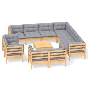vidaXL 12 Piece Garden Lounge Set with Grey Cushions Solid Pinewood