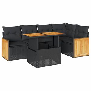 vidaXL 6 Piece Garden Sofa Set with Cushions Black Poly Rattan Acacia