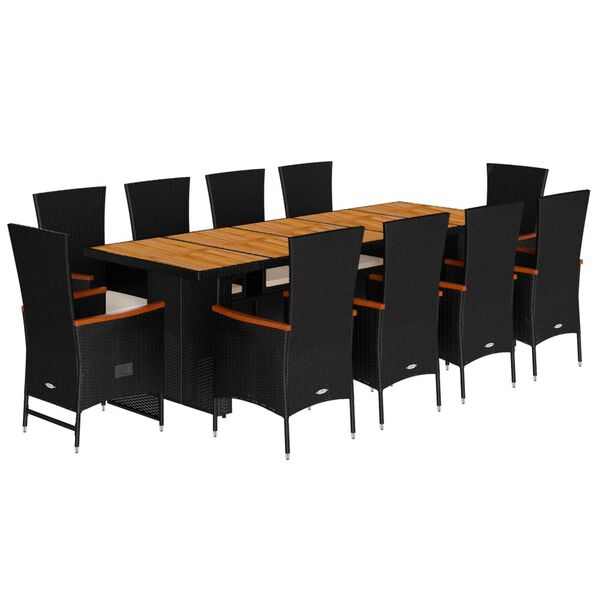 vidaXL 11 Piece Garden Dining Set with Cushions Black Poly Rattan