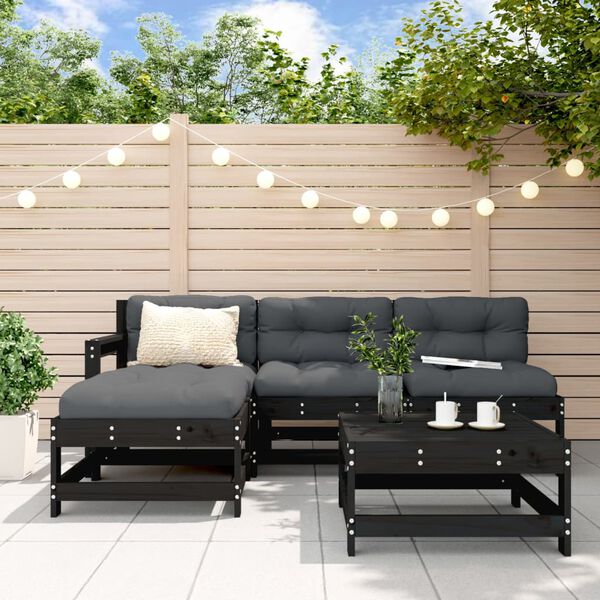 vidaXL 5 Piece Garden Lounge Set with Cushions Black Solid Wood