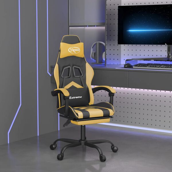vidaXL Gaming Chair with Footrest Black and Gold Faux Leather