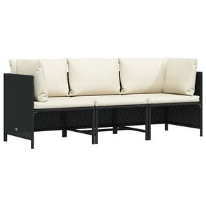 vidaXL 3-Seater Garden Sofa with Cushions Black Poly Rattan