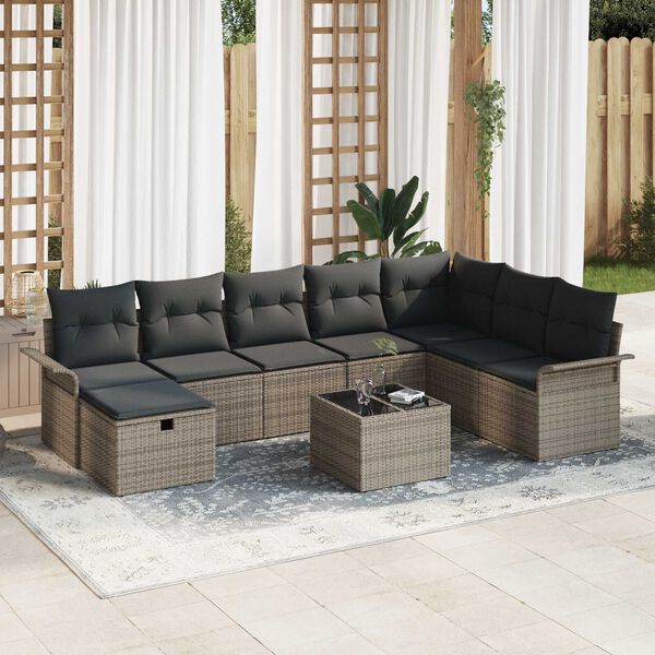 vidaXL Garden Sofa Set with Cushion Manual 9 pcs Grey Poly Rattan