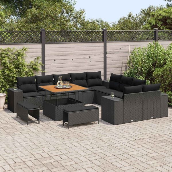 vidaXL Garden Sofa Set with Cushion 13 pcs Black Poly Rattan