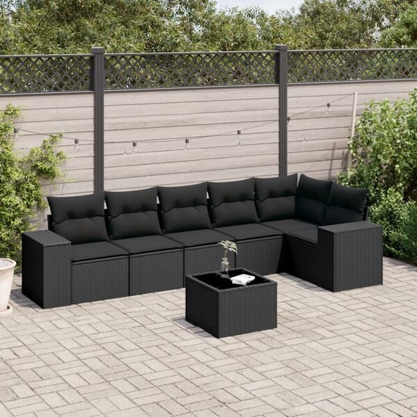 vidaXL 7 Piece Garden Sofa Set with Cushions Black Poly Rattan