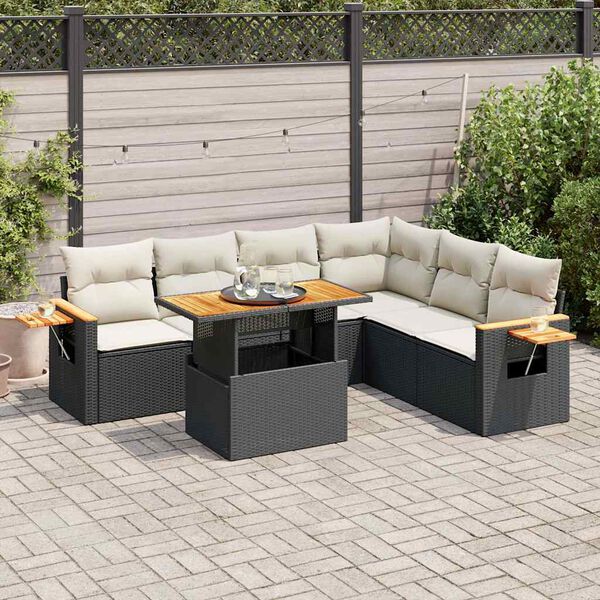 vidaXL 6 Piece Garden Sofa Set with Cushions Black Poly Rattan Acacia