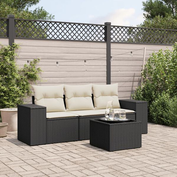 vidaXL 4 Piece Garden Sofa Set with Cushions Black Poly Rattan