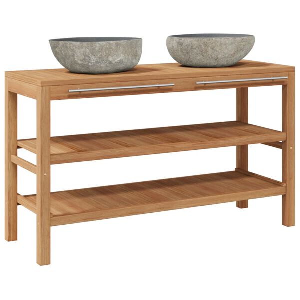 vidaXL Bathroom Vanity Cabinet Solid Teak with Riverstone Sinks