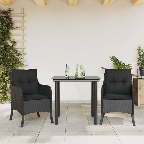 vidaXL 3 Piece Garden Dining Set with Cushions Black Poly Rattan