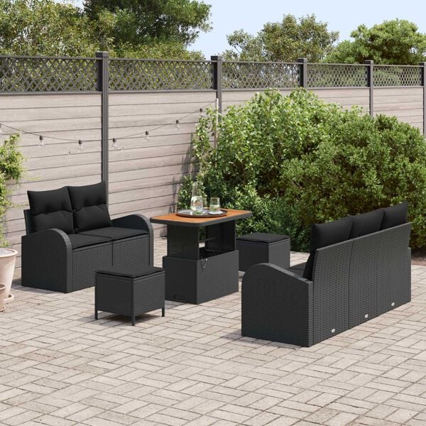 vidaXL Garden Sofa Set with Cushion 8 pcs Black Poly Rattan