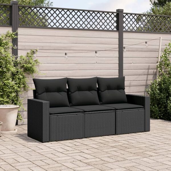 vidaXL 3 Piece Garden Sofa Set with Cushions Black Poly Rattan