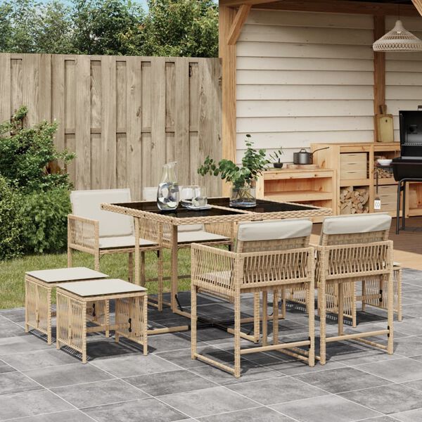 vidaXL 9 Piece Garden Dining Set with Cushions Beige Poly Rattan