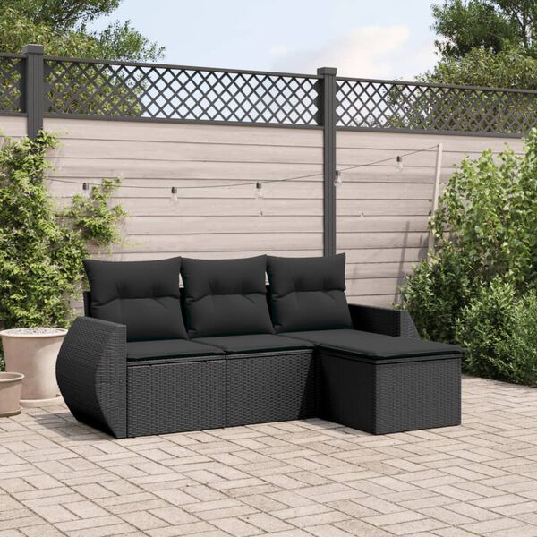 vidaXL 4 Piece Garden Sofa Set with Cushions Black Poly Rattan