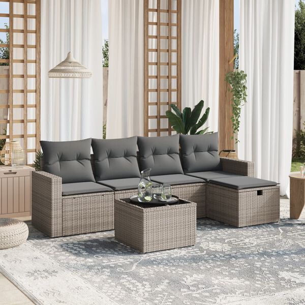 vidaXL 6 Piece Garden Sofa Set with Cushions Grey Poly Rattan