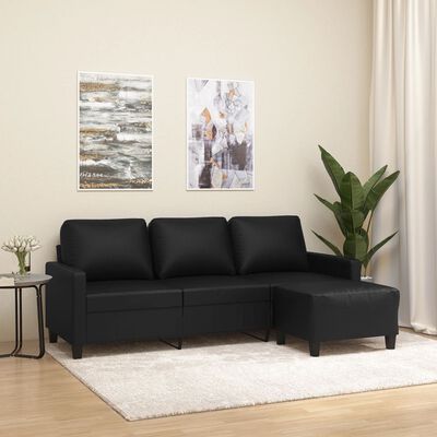 vidaXL 3-Seater Sofa with Footstool Black 180 cm Faux Leather