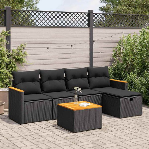 vidaXL 6 Piece Garden Sofa Set with Cushions Black Poly Rattan
