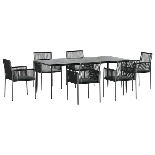 vidaXL 7 Piece Garden Dining Set with Cushions Black Poly Rattan and Steel