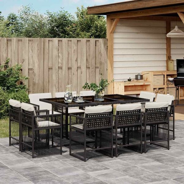 vidaXL 11 Piece Garden Dining Set with Cushions Black Poly Rattan